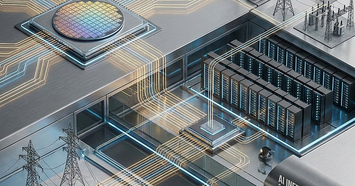 AI infrastructure visualization with semiconductors, data center racks, and power grid systems connected by glowing data lines.