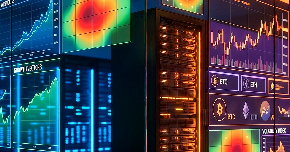 AI stocks and crypto market dashboard with glowing charts, heatmaps, and server racks.