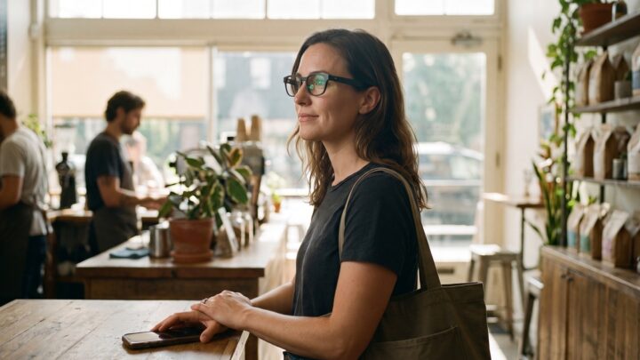 Person wearing smart glasses working from a cafe counter