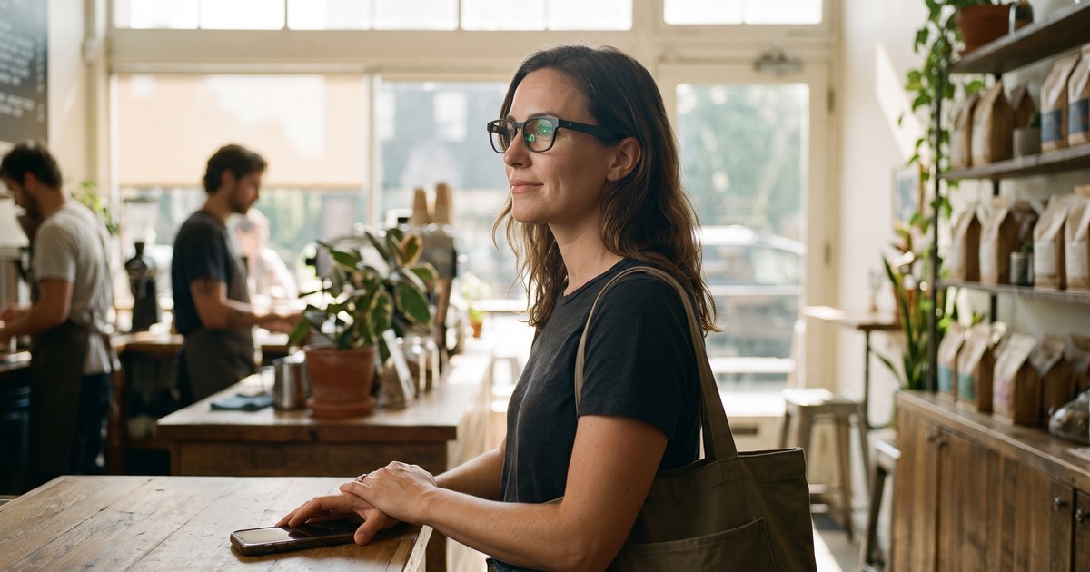 Person wearing smart glasses working from a cafe counter